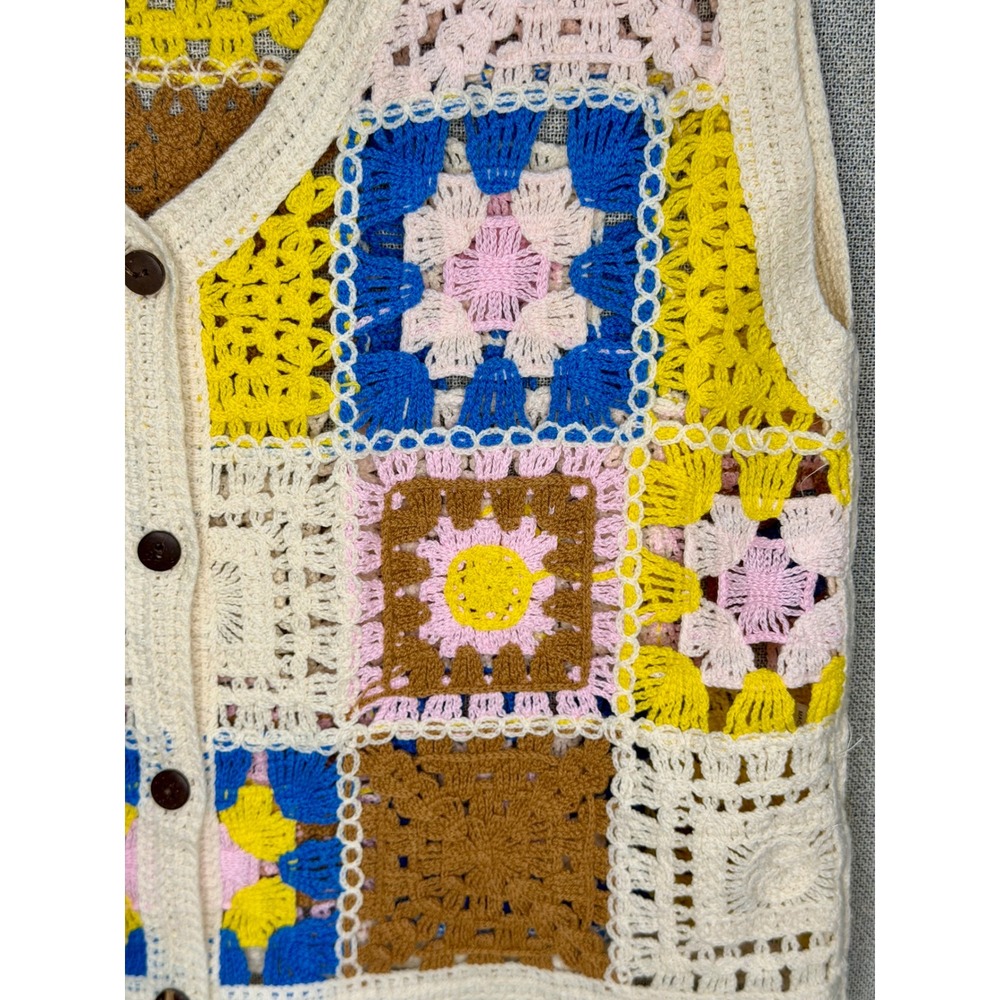 Eye Candy Crochet Granny Square Vest Multi-Color Button Front Boho Knit One Size - Picture 2 of 13